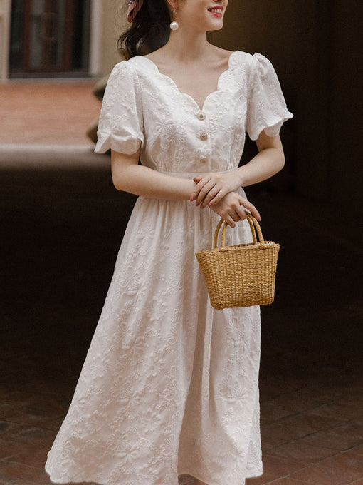 White Wavy V-Neck Embroidered Fairy Dress