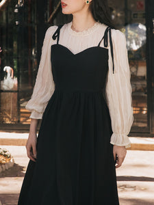 Black Spaghetti Strap Long Sleeve Fake Two Pieces Swing Vintage Dress