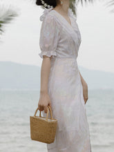 Load image into Gallery viewer, White Double Neck Puff Sleeve Wrap Dress