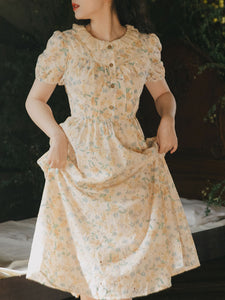 Apricot Ruffled Crewneck Floral Print Chiffon Retro 1950S Cottagecore Dress