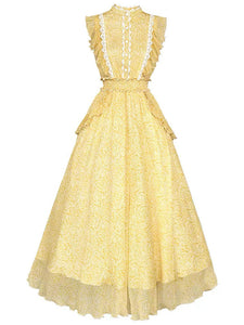 Yellow Floral Print Fuffles Vintage Princess Chiffon Maxi Dress