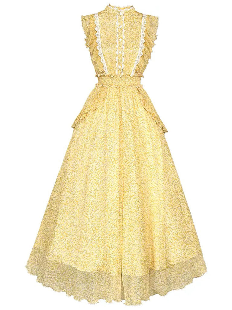 Yellow Floral Print Fuffles Vintage Princess Chiffon Maxi Dress