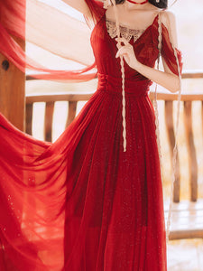 Red Bling Off Shoulder Lace Belt Maxi Dress Vintage Style Dress
