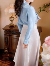 Load image into Gallery viewer, 2PS Light Blue Victorian Scarf Neck Shirt And White Swing Skirt Suit