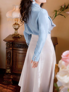 2PS Light Blue Victorian Scarf Neck Shirt And White Swing Skirt Suit