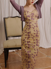 Load image into Gallery viewer, 2PS Purple Floral Print Spaghetti Strap Bodycon Split Dress With Knit Cardigan Set