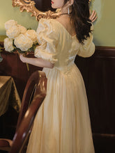 Load image into Gallery viewer, Yellow Lace V Neck Vintage Princess Puff Sleeve Maxi Evening Dress