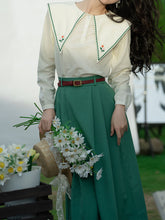 Load image into Gallery viewer, 2PS Green Embroidered Overlap Collar Shirt And Swing Skirt Suit