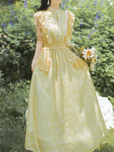 Load image into Gallery viewer, Yellow Floral Print Fuffles Vintage Princess Chiffon Maxi Dress