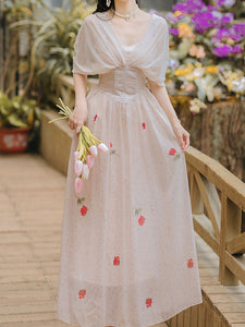 White Rose Polka Dots Deep V Neck Butterfly Sleeve Vintage Dress