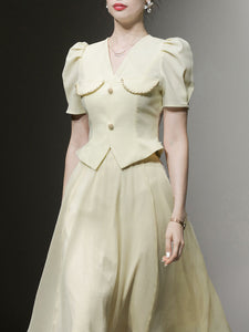 2PS Apricot V Neck Puff Sleeve Top And Irregular Gauze Skirt Set