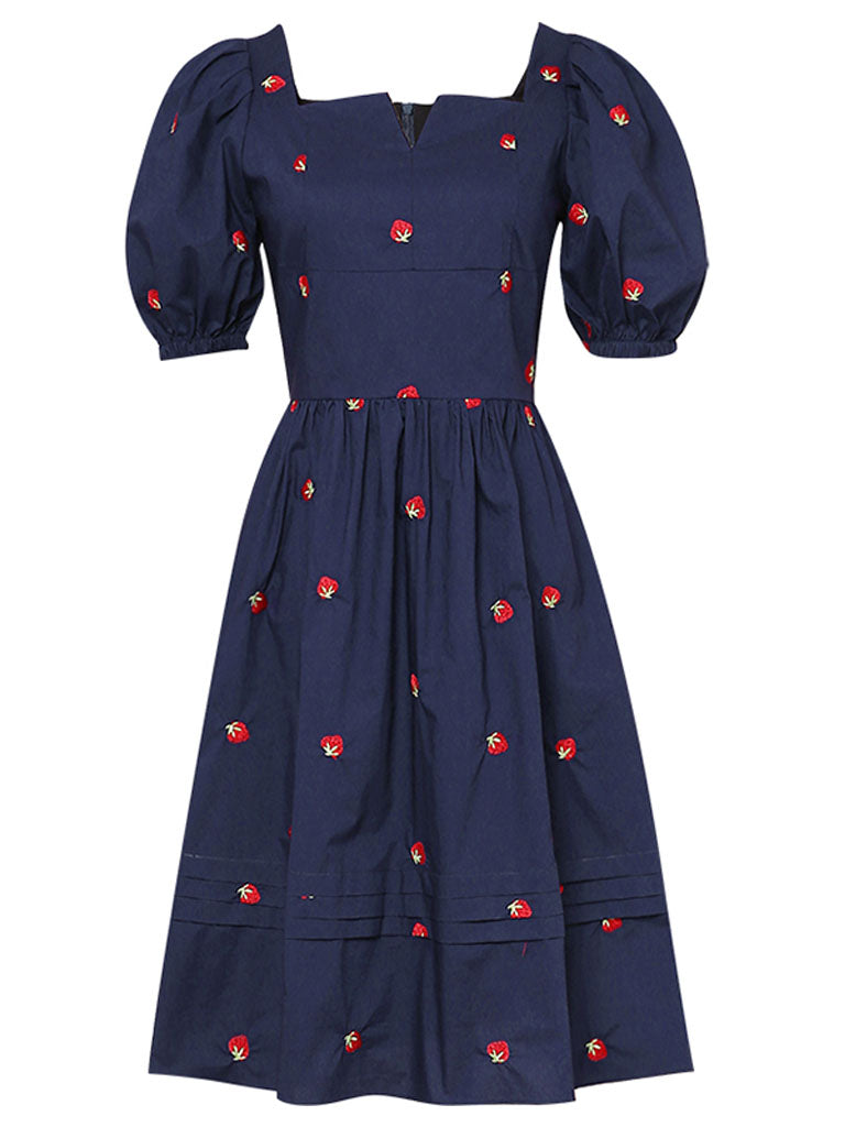 navy puff sleeve mini dress Navy Embroidered Vintage Square Neck Puff Sleeve Mini Dress, Navy / L