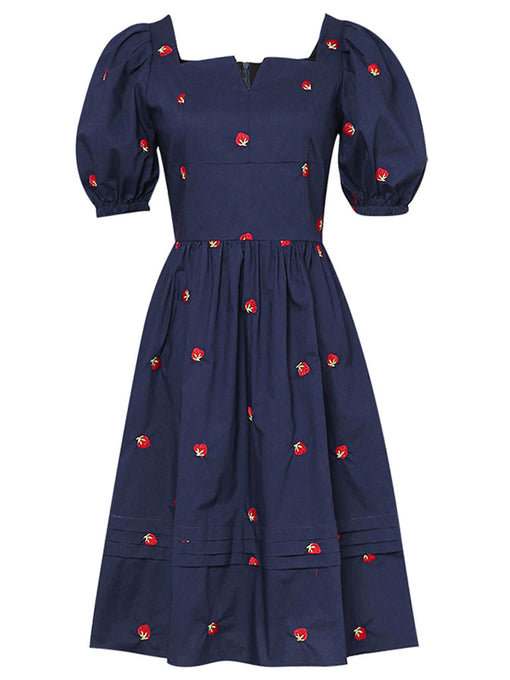 Navy Embroidered Vintage Square Neck Puff Sleeve Mini Dress
