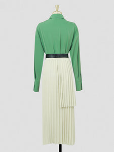 2PS Green Vintage Lapel Shirt With Apricot Pleated Skirt Suit