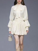 Load image into Gallery viewer, 2PS Apricot Lantern Sleeves Pearl Bow Ribbon Shirt With Pleated Short Skirt Suit