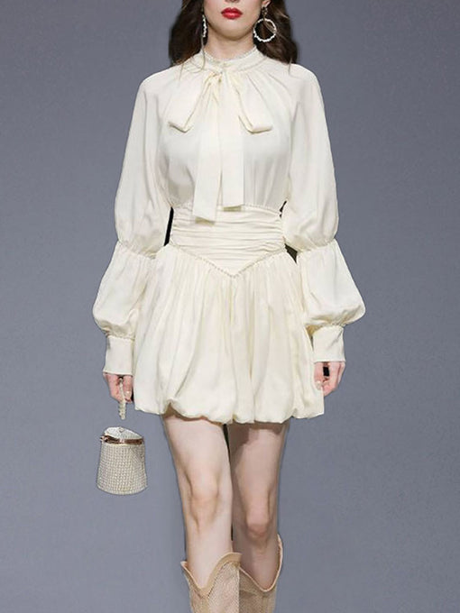 2PS Apricot Lantern Sleeves Pearl Bow Ribbon Shirt With Pleated Short Skirt Suit