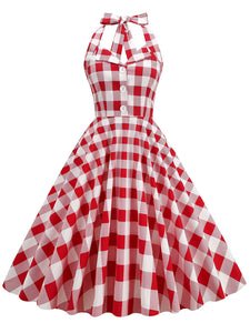 Red And White Plaid Pockets Vintage Halter 1950S Dress With Button