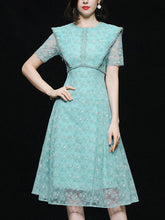 Load image into Gallery viewer, Vintage Teal Short Sleeve Pearl Neck Waist Embroidered Dress