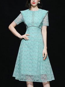Vintage Teal Short Sleeve Pearl Neck Waist Embroidered Dress