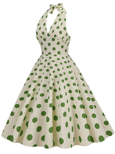 Polka Dots Halter Audrey Hepburn Style 1950S Vintage Dress With Bow Backless