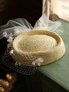 Straw Hat Beige With Flower Lace Tulle Vintage Hat