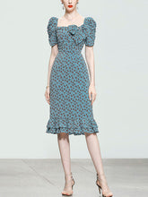 Load image into Gallery viewer, Blue Vintage Puff Sleeve Ruffled Floral Print Bow Summer Dress