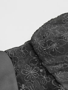 Black Bellflower Embroidered Design Long Lace Pleated Dress