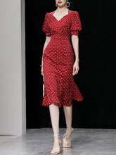 Load image into Gallery viewer, Red V Neck Lantern Sleeves Elegant Jacquard Sweet Heart Fishtail Dress