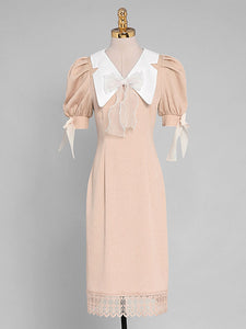 Pink Bow Collar Puff Sleeve 1960S Vintage Dress