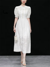 Load image into Gallery viewer, White Hollow Embroidered Pearl Puff Sleeve Lace Sweet Vintage Princess Dress