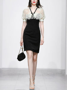 Fairy White Lace Sweet Luxury Short V-neck Mini Black Dress Party Dress