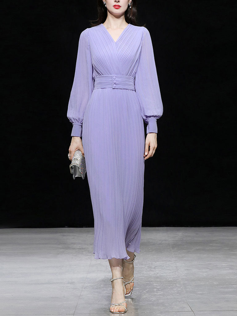 Purple Lantern Sleeve V Neck Chiffon Maxi Dress, Purple / S Purple Lantern Sleeve V Neck Chiffon Maxi Dress, Purple / S