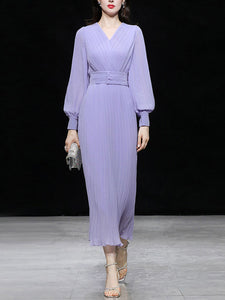 Purple Lantern Sleeve V Neck Chiffon Maxi Dress