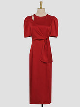 Load image into Gallery viewer, Red Slim Fit Crew Neck Puff Sleeve Satin Dress Vintage Dress
