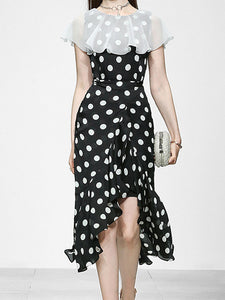 Black And White Polka Dot Vintage Lotus Leaf Cape Waist Slim Elegant Fishtail Dress
