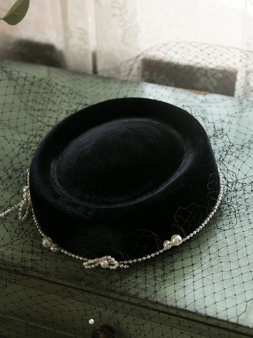 Black 1950S Pillbox Pearl Hat With Tulle