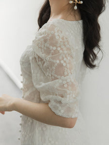 White Lace Ruffled Half Sleeve Square Neck Side Slit Fairy Dress