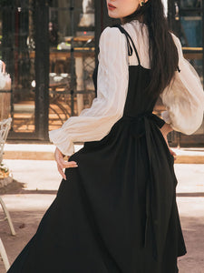 Black Spaghetti Strap Long Sleeve Fake Two Pieces Swing Vintage Dress