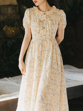 Load image into Gallery viewer, Apricot Ruffled Crewneck Floral Print Chiffon Retro 1950S Cottagecore Dress