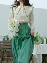 Load image into Gallery viewer, 2PS Green Embroidered Overlap Collar Shirt And Swing Skirt Suit