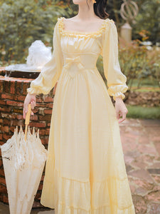 Yellow Pearl Square Neck Lace 1950S Swing Dress
