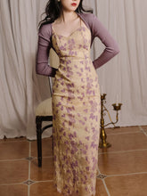 Load image into Gallery viewer, 2PS Purple Floral Print Spaghetti Strap Bodycon Split Dress With Knit Cardigan Set