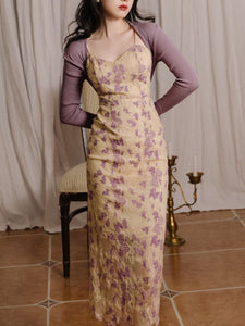 2PS Purple Floral Print Spaghetti Strap Bodycon Split Dress With Knit Cardigan Set