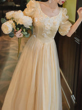 Load image into Gallery viewer, Yellow Lace V Neck Vintage Princess Puff Sleeve Maxi Evening Dress