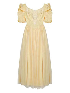 Yellow Lace V Neck Vintage Princess Puff Sleeve Maxi Evening Dress