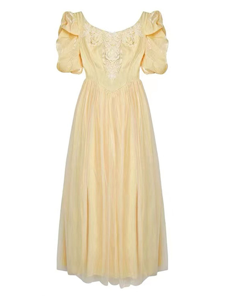 Yellow Lace V Neck Vintage Princess Puff Sleeve Maxi Evening Dress