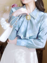 Load image into Gallery viewer, 2PS Light Blue Victorian Scarf Neck Shirt And White Swing Skirt Suit