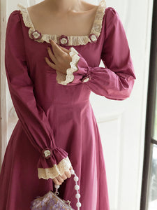 Rose Ruffles Fall Long Sleeve Vintage Cotton Dress