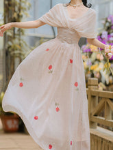 Load image into Gallery viewer, White Rose Polka Dots Deep V Neck Butterfly Sleeve Vintage Dress