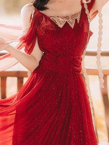 Red Bling Off Shoulder Lace Belt Maxi Dress Vintage Style Dress